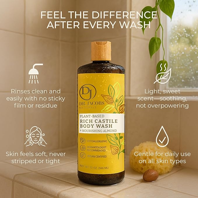 Dr. Jacobs Naturals Pure Castile Soap Liquid Body Wash Almond - Plant Based Castile Soap Infused with Vitamin E and Aloe Vera to Moisturize Dry and Sensitive Skin - Made in The USA - 32 oz Pack of 1