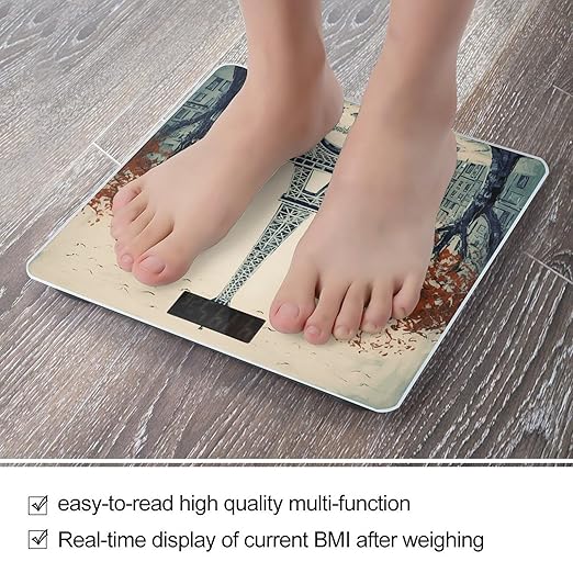 Paris City Tree Eiffel Tower Art Scale for Body Weight Anti-Slip Tempered Glass Digital Bathroom Scales Clear LCD Display Weighing Scale Safe Rounded Corners Smart Scales