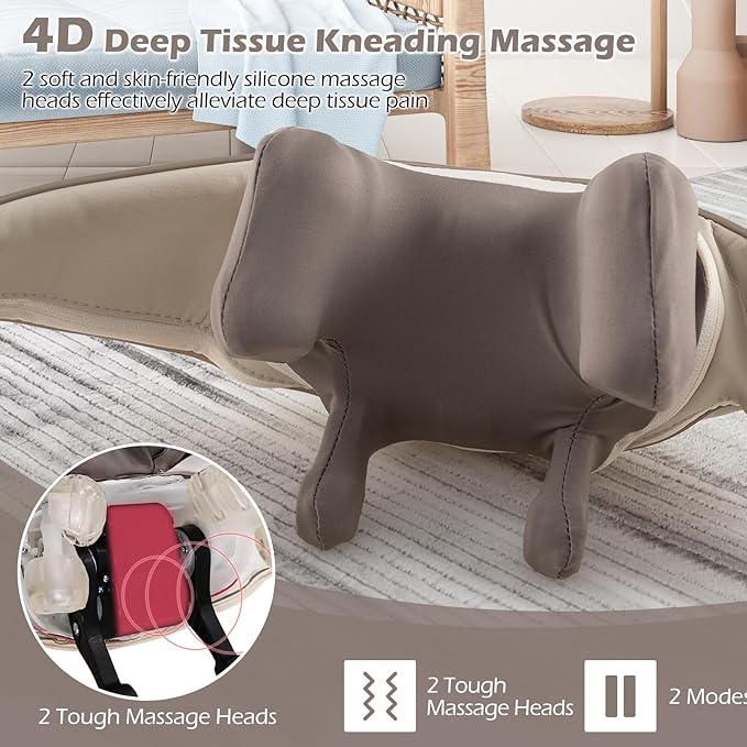 COSTWAY Neck Shoulder Massager with Heat 4D Deep Tissue Kneading Shiatsu Machine for Pain Relief Portable Cordless Neck Back Leg Massager Pillow Gift for Mom Dad Family Women Men (Beige)
