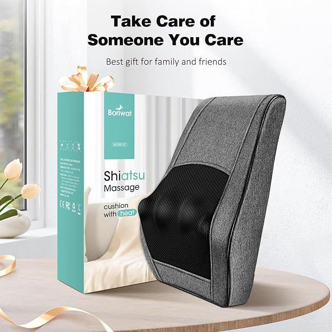 Boriwat Back Massager with Heat Neck Massager for Pain Relief Deep Tissue 3D Kneading Massage Pillow for Back Neck Shoulder Legs Gifts for Women Men Mom Dad