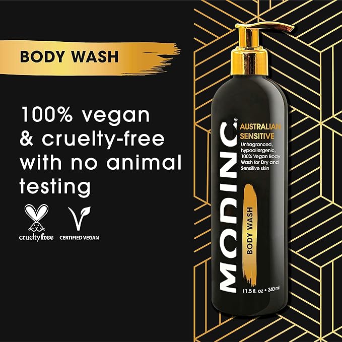 Modinc Luxury Body Wash Australian Sensitive Formula Unfragranced Hypoallergenic 100% Vegan Body Wash for Dry and Sensitive Skin Cruelty Free Pump 11.5 Ounces