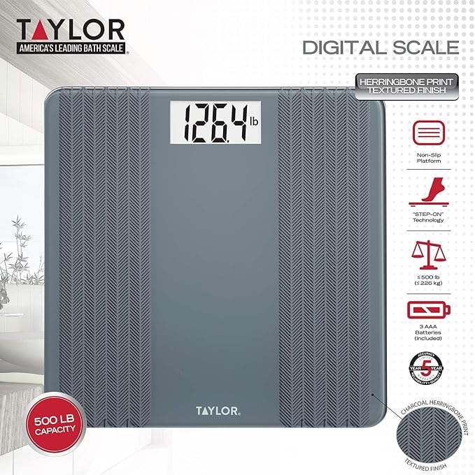 Taylor Glass Textured Paint Herringbone Design Digital Bathroom Scale Gray 5273274