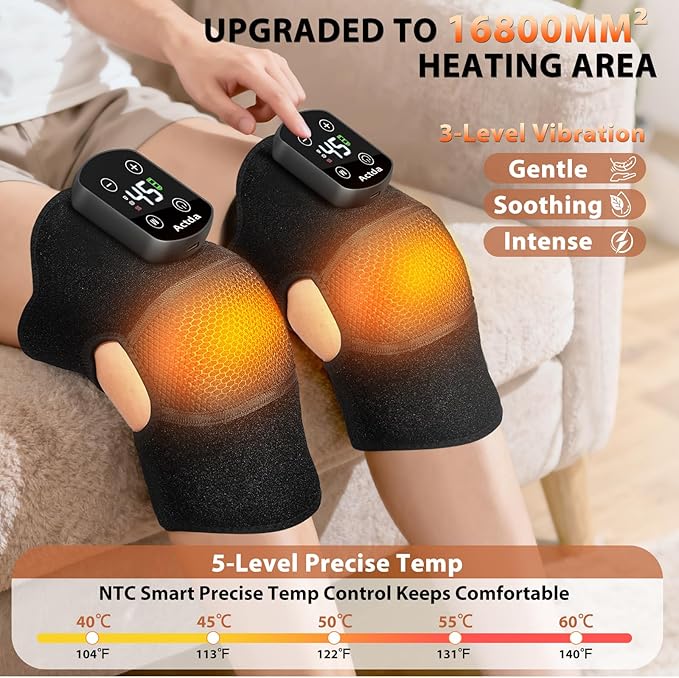 Cordless Knee Massager for Pain Relief Electric Heated Knee Warmer with 5 Heat Levels and 3 Massage Modes Portable Knee Brace Gifts for Men Women (Black(Single))