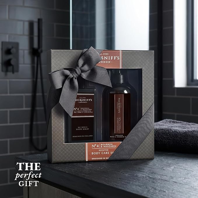 Pecksniff’s Men’s Body Duo Set – Bourbon &amp Mandarin Scented Bath &amp Shower Gel 250ml &amp Body Spray 100ml – Luxury Grooming Gift Set for Him