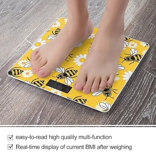 Bee Daisy Pattern Bathroom Scale for Body Weight LCD Display Digital Bathroom Scale Tempered Glass Bathroom Weight Scales Fashion Smart Scales for Home Bedroom 400 Lb