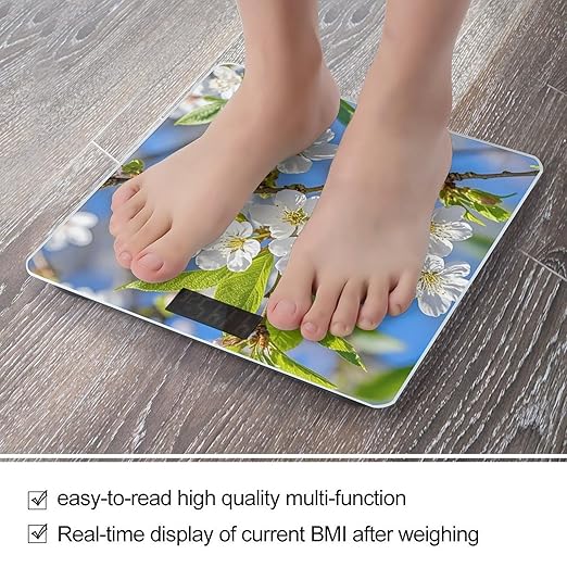 Beautiful Spring Cherry Blossoms Bathroom Scale for Body Weight Bathroom Weighing Scales with Back Lit LED Display Sturdy Tempered Glass Body Weight Bathroom Scale 400lb Weighing