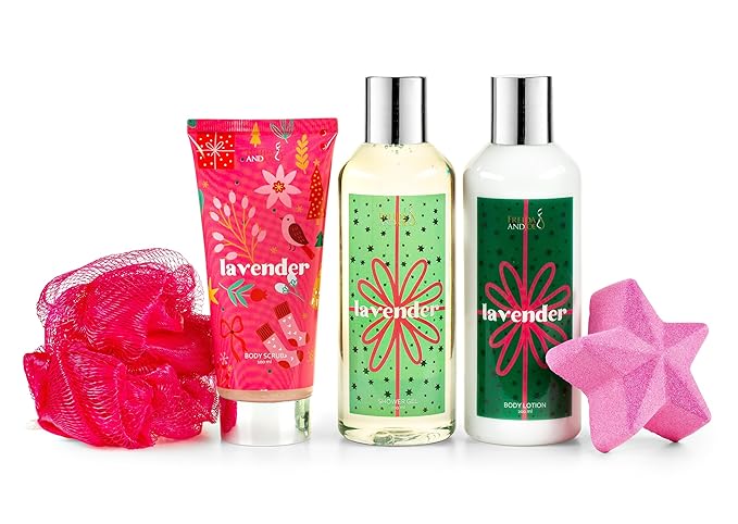 Fragrance Bath &amp Body Collection Gift Box Includes Shower Gel Body Lotion Body Scrub Bath Bomb &amp Sponge (Lavender - Pink) – Mother's Day Gift for Mom