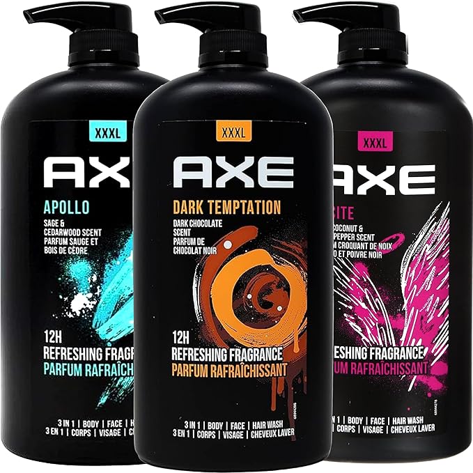 Axe Men's Body Wash Variety Set Set of 3 Scents Axe Dark Temptation Apollo and Excite Body Wash 3in1 Body and Face Wash in Pump Bottle 33.8 Ounce Each