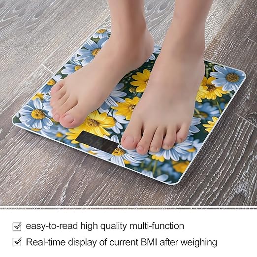 Blue and Yellow Flowers Scale for Body Weight Highly Accurate Digital Bathroom Body Scale Digital Bathroom Scales for People Anti-Slip Large LCD Display Smart Scales