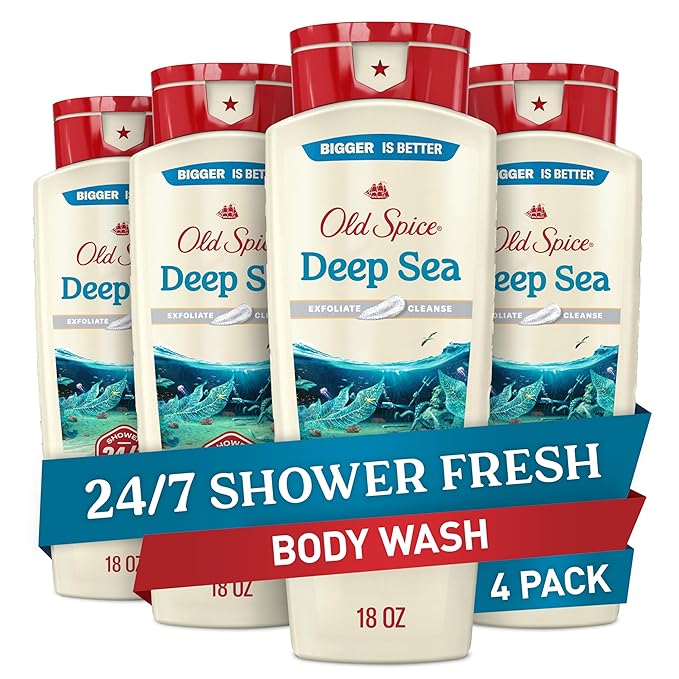 Old Spice Cleansing Body Wash for Men 24/7 Shower Fresh with Lasting Scent Exfoliate &amp Cleanse Gentle on Skin Vitamin B3 Deep Sea with Ocean Waves + Kelp Scent 18 oz (Pack of 4)