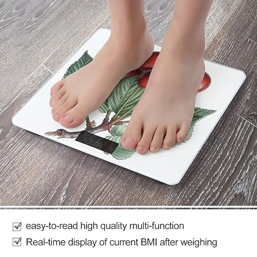 Cherry on Branch Scale for Body Weight Anti-Slip Tempered Glass Digital Bathroom Scales Clear LCD Display Weighing Scale Safe Rounded Corners Smart Scales
