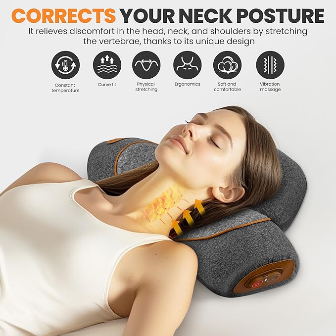 3-in-1 Rechargeable Neck Massager Pillow - Pillow Massage Neck Hump for Shoulder Pain Deep Tissue Pain Relief with Heating and Traction Function Hump Corrector for WomenGrey