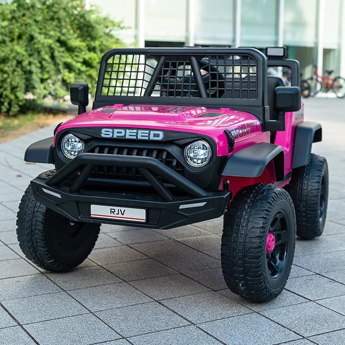 12V 7AH 4WD Kids Ride-On Truck Electric Off-Road Car with Remote &amp Pedal Control LED Lights Music USB Safety Belt 4-Wheel Suspension Adjustable Speeds Outdoor Gift for Boys Girls Magenta