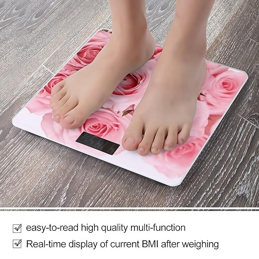 Pink Fresh Roses Scale with LCD Precision Weighing Scales Sturdy Tempered Glass Weight Scales Easy-to-Read Anti-Slip Weight Digital Bathroom Scale for Daily