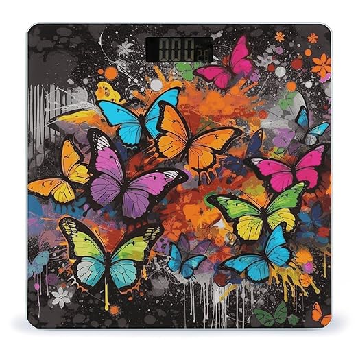 Art Graffiti Butterflies Print Bathroom Scale Automatic Power On/Off Body Scales LCD Backlight Display Square Digital Scale Rounded Corners Bathroom Scales for Home Bedrooms