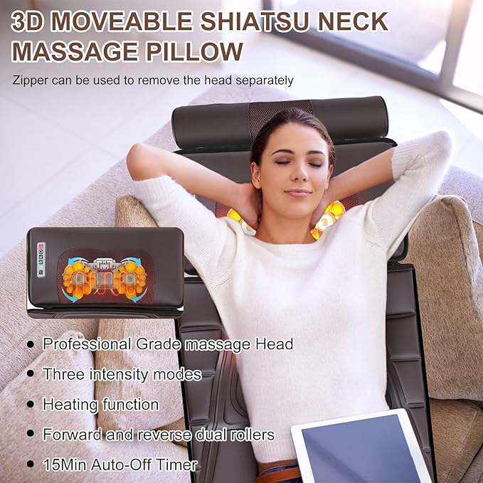 Full Body Massage Mat with Heat &amp Movable Shiatsu Neck Back Massager Pillow &amp Foot Massager Massage Mattress Pad with Top Pillow &amp Lumbar Support 12 Vibration Motors9 Massage Modes &amp