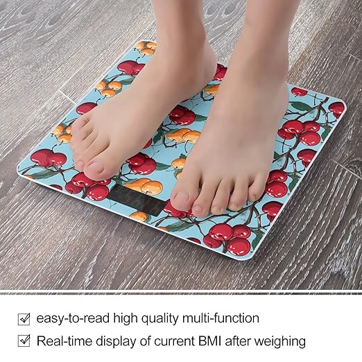 Cherry Pattern Digital Bathroom Scale for Body Weight Weighing Scale with Backlit LCD Display High Precision Measurements &amp Measures Weight Up to 180kg