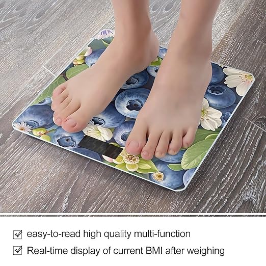Blue Fruit Pattern Bathroom Scale for Body Weight Bathroom Weighing Scales with Back Lit LED Display Sturdy Tempered Glass Body Weight Bathroom Scale 400lb Weighing