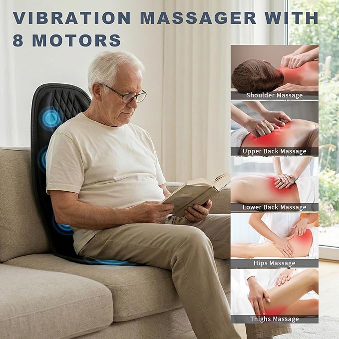 Back Massager with Heat Massage Seat Cushion with 3D Back Support 8 Vibrating Motors Massager Chair Pad for Full Body Pain Relief Ideal Gift for Valentine's Day/Lover/Parents/Friends