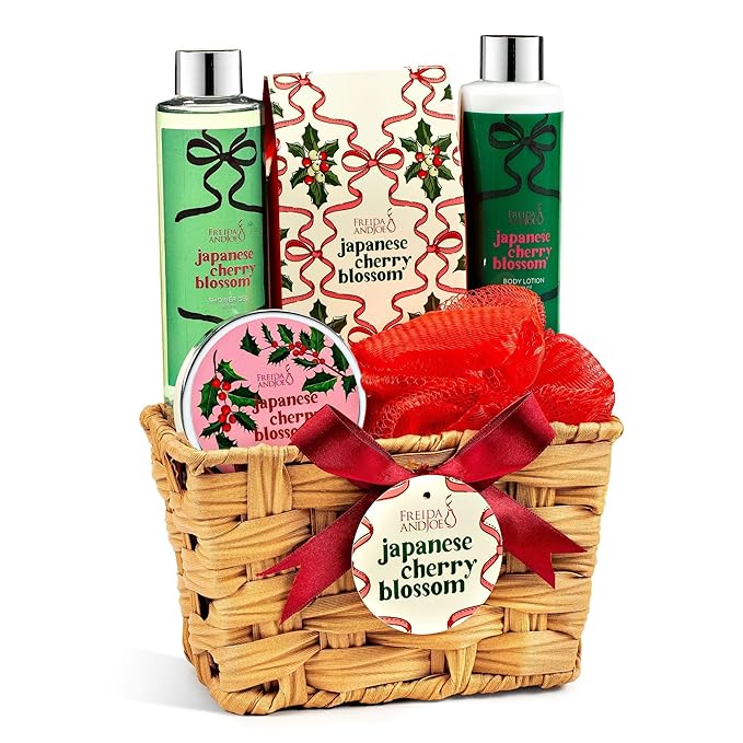 Cherry Blossom Spa Gift Set Bath &amp Body Basket for Women &amp Men | Shower Gel Body Lotion Body Scrub Bath Salt – Mother's Day Gift for Mom