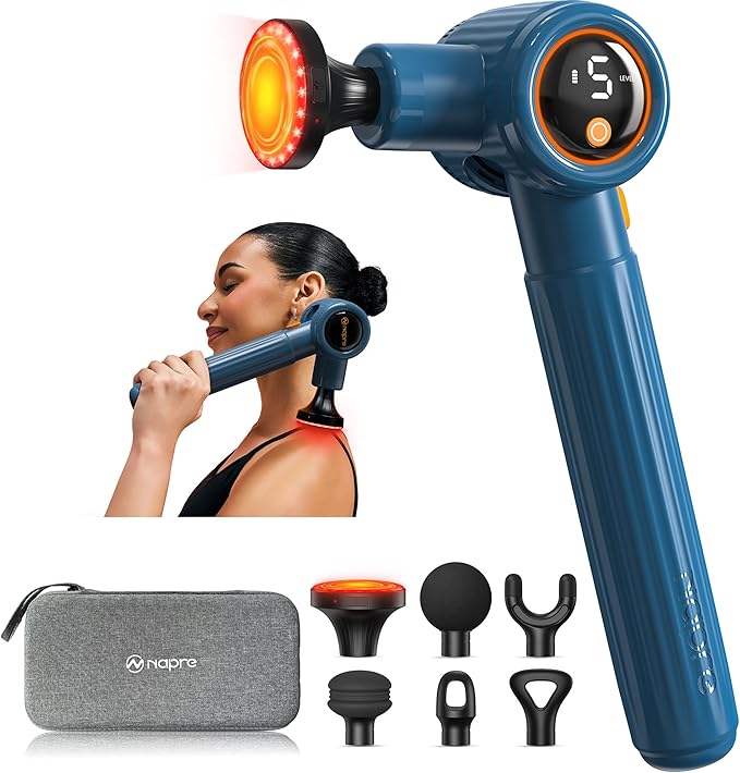 NAPRE Massage Gun with HeatMassage Gun Deep Tissue with Extension Handle &amp 3 Adjustable AnglesHandheld Percussion Back Massager for Muscle/Neck/Body Pain Relief6 Heads &amp Silentwith CaseBl