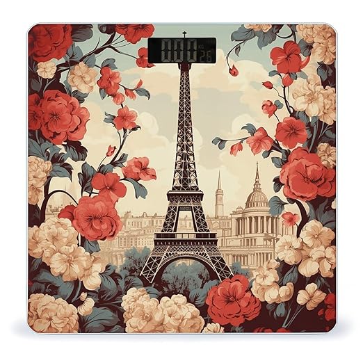 Paris Vintage Floral Bathroom Scale for Body Weight LCD Display Digital Bathroom Scale Tempered Glass Bathroom Weight Scales Fashion Smart Scales for Home Bedroom 400 Lb