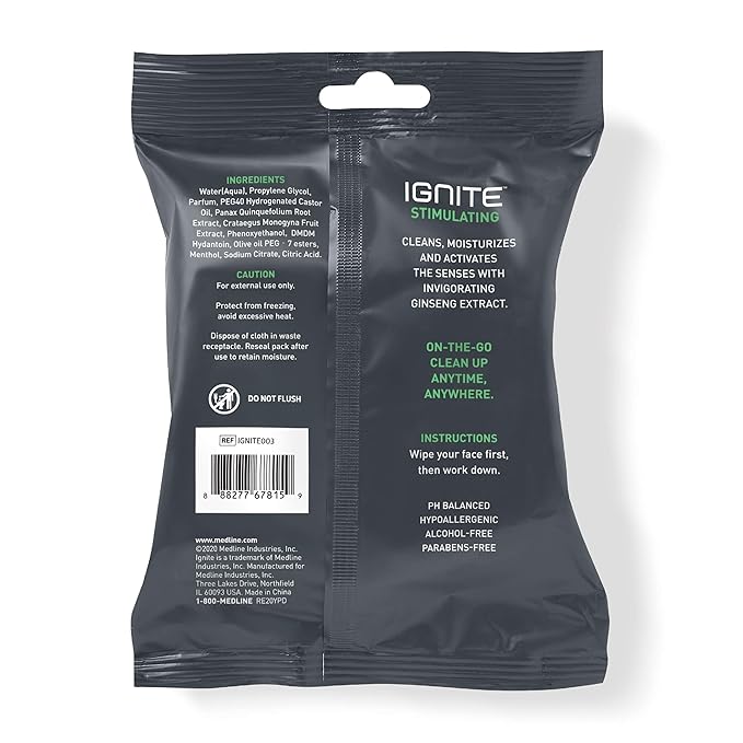 Ignite Mens Body Wet Wipes Extra Thick 8 x 8 Shower Wipes Stimulating Scent 10 Count (Pack of 5)