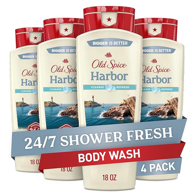 Old Spice Cleansing Body Wash for Men 24/7 Shower Fresh with Lasting Scent Cleanse &amp Refresh Gentle on Skin Vitamin B3 Harbor with Coastal Breeze + Driftwood Scent 18 oz (Pack of 4)