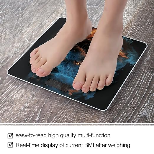 Wolf Head in Blue Flames Digital Bathroom Scale for Body Weight Weighing Scale with Backlit LCD Display High Precision Measurements &amp Measures Weight Up to 180kg