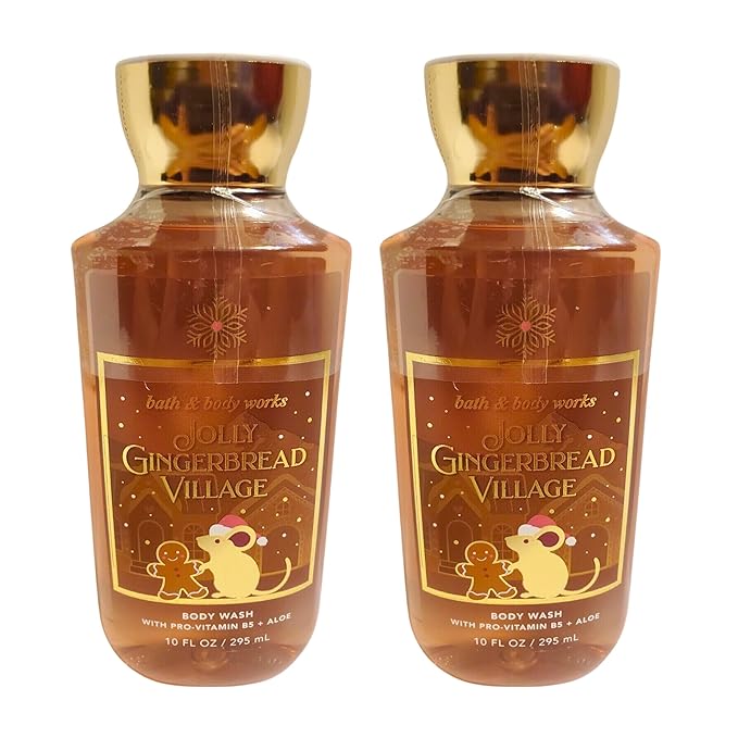 Bath &amp Body Works Shea + Vitamin E Shower Gel Set of 2 10oz Each (Jolly Gingerbread Village)