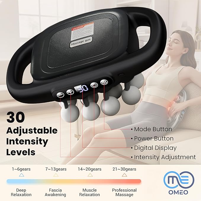 OMEO 16-Head Deep Tissue Massage Gun – Professional Percussion Massager with 30 Intensities &amp Quiet Motor | Portable Muscle Massager for Pain Relief Neck Back Shoulders &amp Legs (Black)