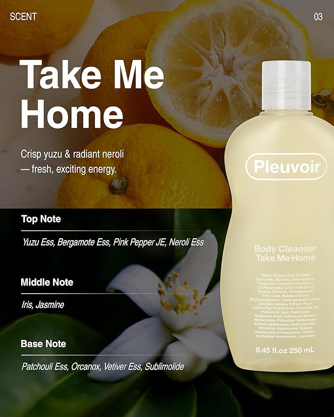 Pleuvoir Body Cleanser Take Me Home - Perfume Body Wash - Yuzu Neroli Citrus Floral Scent - Rich Moisturizing Foam with 8 Types Hyaluronic Acid Ceramides - Vegan K-Beauty 8.45 fl.oz
