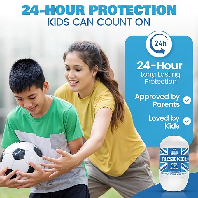 Fresh Kidz Hair &amp Body Wash 16.9 fl.oz. and 2 Roll On Deodorants 1.86 fl.oz. for Kids and Teens - Boys Blue Set