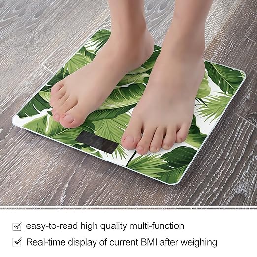 Cute Green Palm Leaves Scale for Body Weight Highly Accurate Digital Bathroom Scale Sturdy Tempered Glass Weighing Scales with LCD Display Fashion Body Fat Smart Scales 400lb