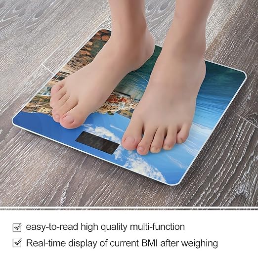 Seaside Town Scale for Body Weight Anti-Slip Tempered Glass Digital Bathroom Scales Clear LCD Display Weighing Scale Safe Rounded Corners Smart Scales