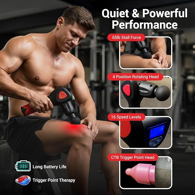 Muscle Liberator 3 – Quiet Portable Massage Gun with 4-Position Rotating Head 16 Selectable Speeds &amp CTB Silicone Trigger Point Head – Rechargeable 4-25 Hours Battery Life 2.5lb