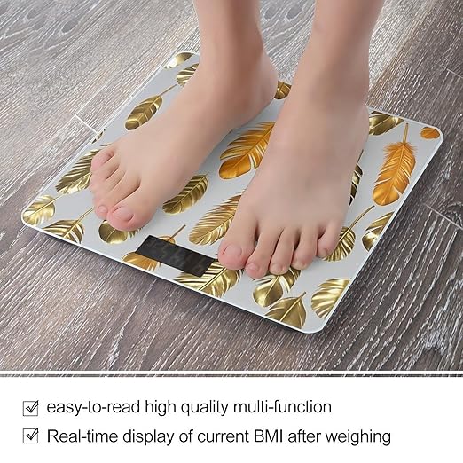 Gold and Orange Feathers Scale for Body Weight Highly Accurate Digital Bathroom Body Scale Digital Bathroom Scales for People Anti-Slip Large LCD Display Smart Scales