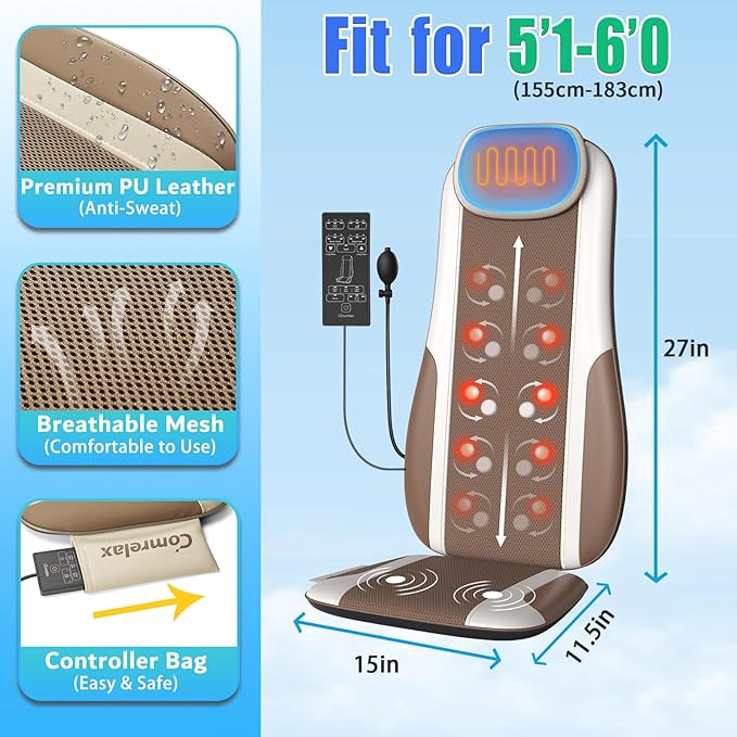 Shiatsu Back Massager with Heat Massage Chair Pad Seat Cushion for Stress Relief Deep Tissue Kneading &amp Roller 2 Vibration Motors Back Waist Hip Massager PU Leather with 2 Adapters