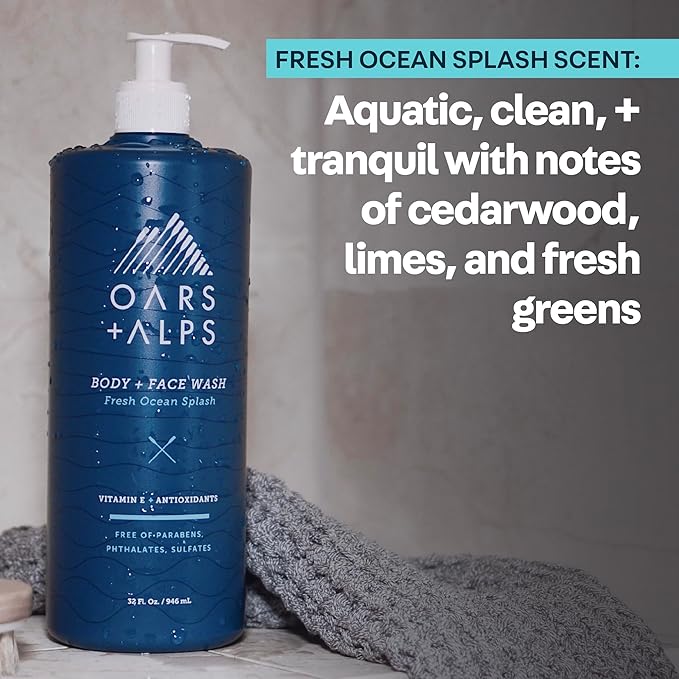 Oars + Alps Body Wash for Men Mens Body Wash &amp Face Cleanser with Vitamin E &amp Antioxidants Moisturizing Paraben &amp Sulfate Free Cleanser Fresh Ocean Splash 32oz