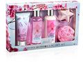 Fragrance Bath &amp Body Collection Gift Box Includes Shower Gel Body Lotion Body Scrub Bath Bomb &amp Sponge (Blue Cherry Blossom) – Mother's Day Gift for Mom