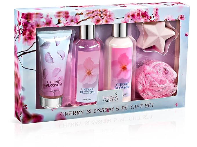 Fragrance Bath &amp Body Collection Gift Box Includes Shower Gel Body Lotion Body Scrub Bath Bomb &amp Sponge (Blue Cherry Blossom) – Mother's Day Gift for Mom