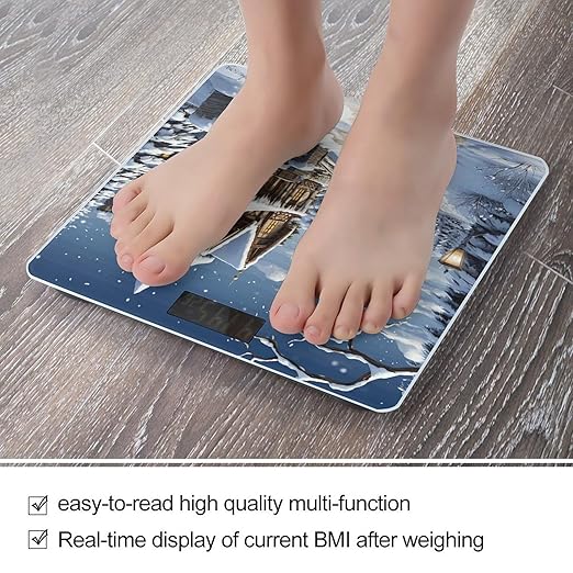 Christmas Winter Happy Scene Scale for Body Weight Safe Rounded Corners Tempered Glass Digital Bathroom Scale LED Display 400lb Capacity Weight Scales with High Precision Sensors