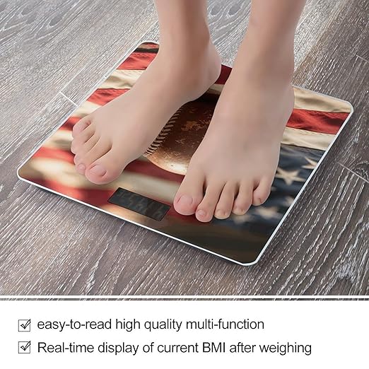 Digital Bathroom Scale for Body Weight Scale with Bright LCD Display High Accuracy Step-On Technology Auto On/Off Vintage Baseball On American Flag Digital Scales 400 Lbs /180kg