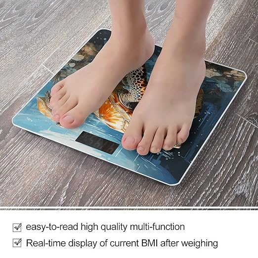 Turtle Swimming in The Sea Scale for Body Weight Anti-Slip Tempered Glass Digital Bathroom Scales Clear LCD Display Weighing Scale Safe Rounded Corners Smart Scales