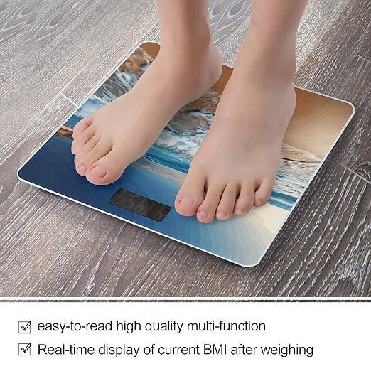 Blue Sea Sandy Beach Digital Bathroom Scale for Body Weight Weighing Scale with Backlit LCD Display High Precision Measurements &amp Measures Weight Up to 180kg