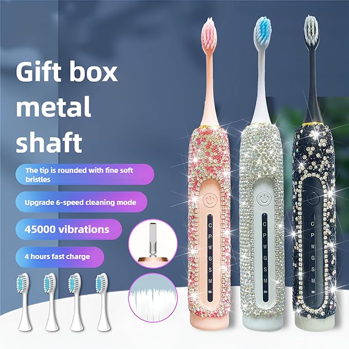 Electric Toothbrush for Woman Bling Diamond Decor Portable Travel Essentials for Couple Gifts Toothbrush with 3 Replacement Heads 6 Modes（Silver &amp Black