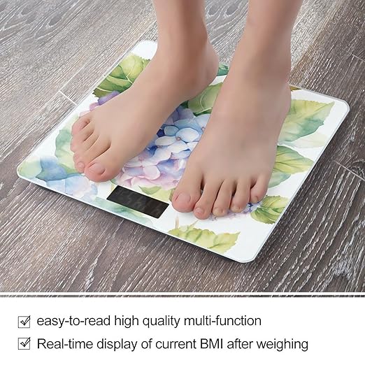 Hydrangea Watercolor Bathroom Scale for Body Weight LCD Display Digital Bathroom Scale Tempered Glass Bathroom Weight Scales Fashion Smart Scales for Home Bedroom 400 Lb