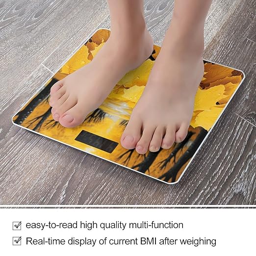 Autumn Yellow Leaves Scale for Body Weight Anti-Slip Tempered Glass Digital Bathroom Scales Clear LCD Display Weighing Scale Safe Rounded Corners Smart Scales