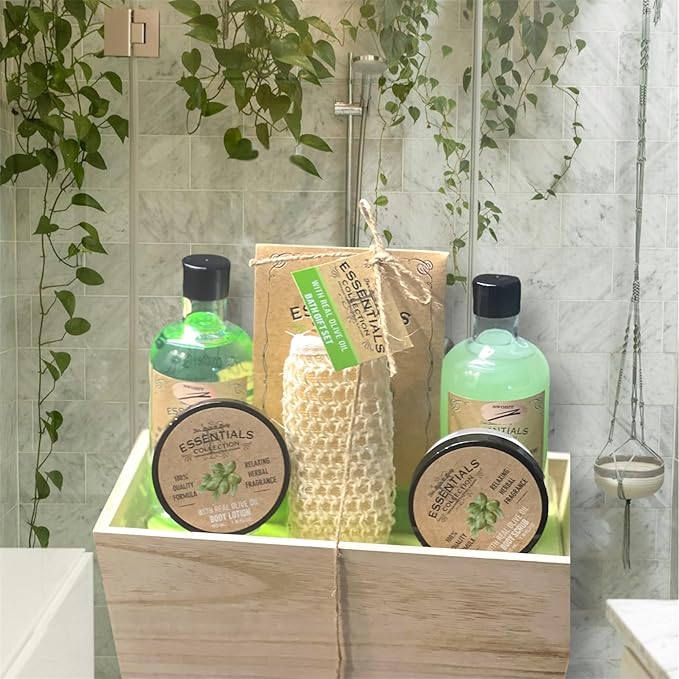 Gift Sets for Bath Spa Shower |6-piece wellness set|260ml shower gel 260ml bubble bath300g bath salt50ml body scrub50ml body lotionsisal pad feature: In wooden Basket.