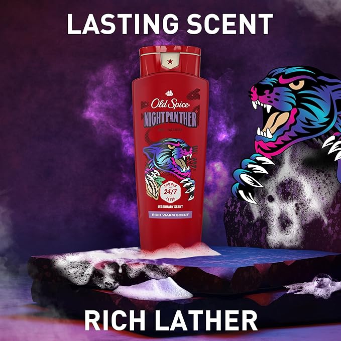 Old Spice Cleansing Body Wash for Men 3X Defense 24/7 Shower Fresh with Lasting Scent 2-in-1 Body &amp Face Wash NightPanther with Rich Warm Scent 24 oz (Pack of 4)